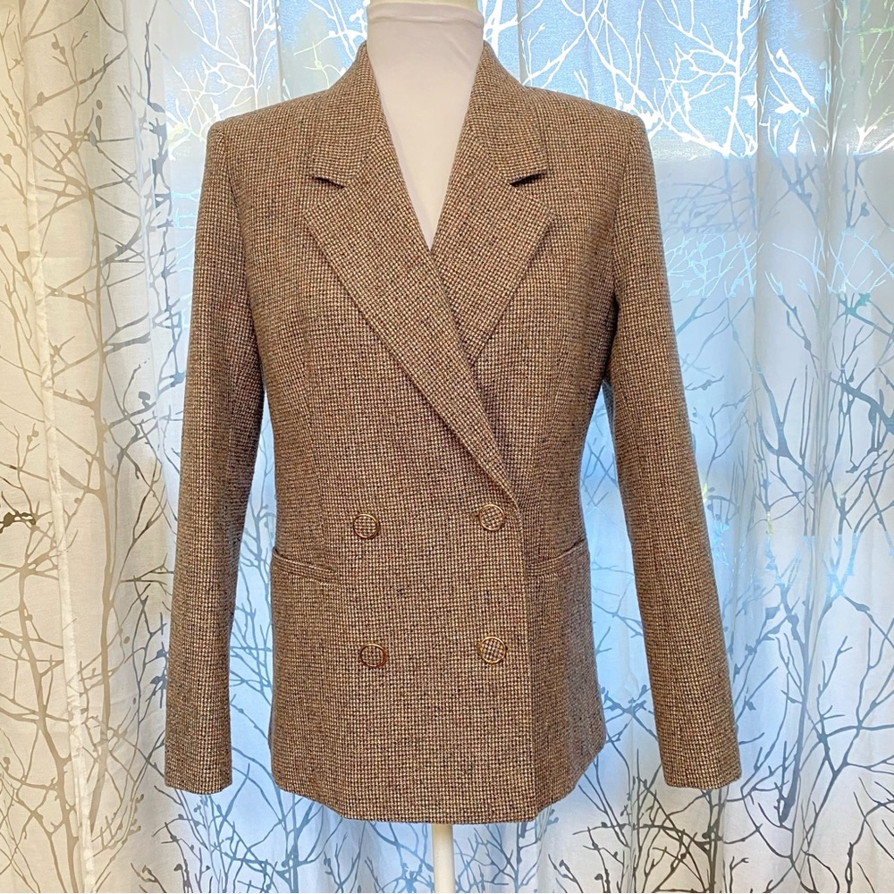 LAFAYETTE 148 tan brown Double Breasted Check Print Wool Jacket blazer - Picture 5 of 14